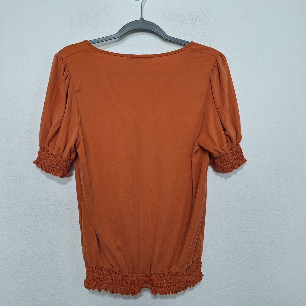 Green Envelope "NEW" Orange Boho Modal Blend Academia Smocked Blouse Size L - Picture 5 of 11